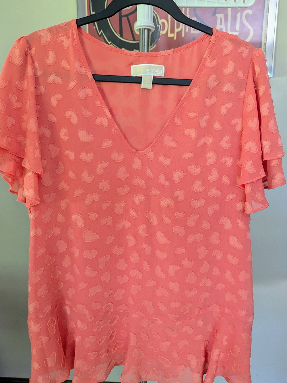 $9 Michael Kors Size XL - Ruffle Blouse Coral Peach Chiffon Top EUC - New Pics!